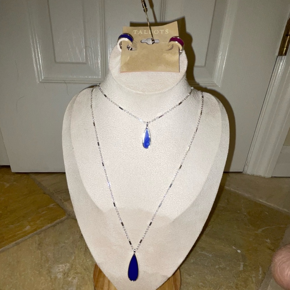 Red & Blue Enameled reversible earrings & two-level necklace, silver, Talbots